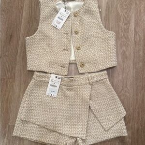 NWT Zara Gold textured Waistcoat and Skort Set size M